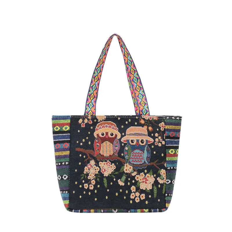 Women Large Capacity Ethnic Style Canvas Tote Shoulder Bag