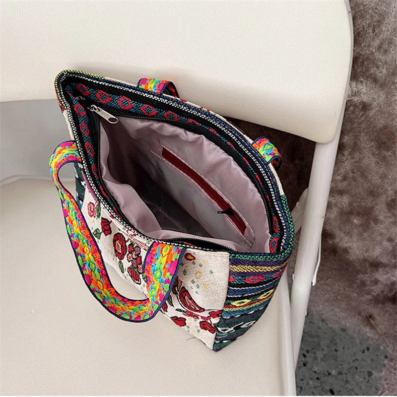 Women Large Capacity Ethnic Style Canvas Tote Shoulder Bag