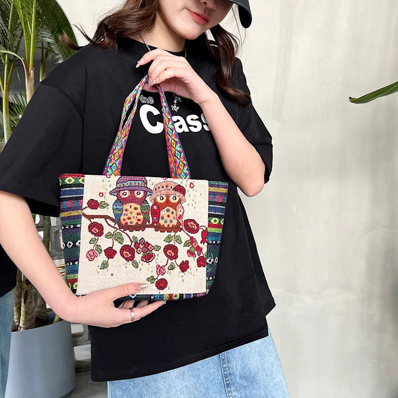 Women Large Capacity Ethnic Style Canvas Tote Shoulder Bag
