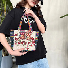 Women Large Capacity Ethnic Style Canvas Tote Shoulder Bag