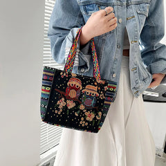 Women Large Capacity Ethnic Style Canvas Tote Shoulder Bag