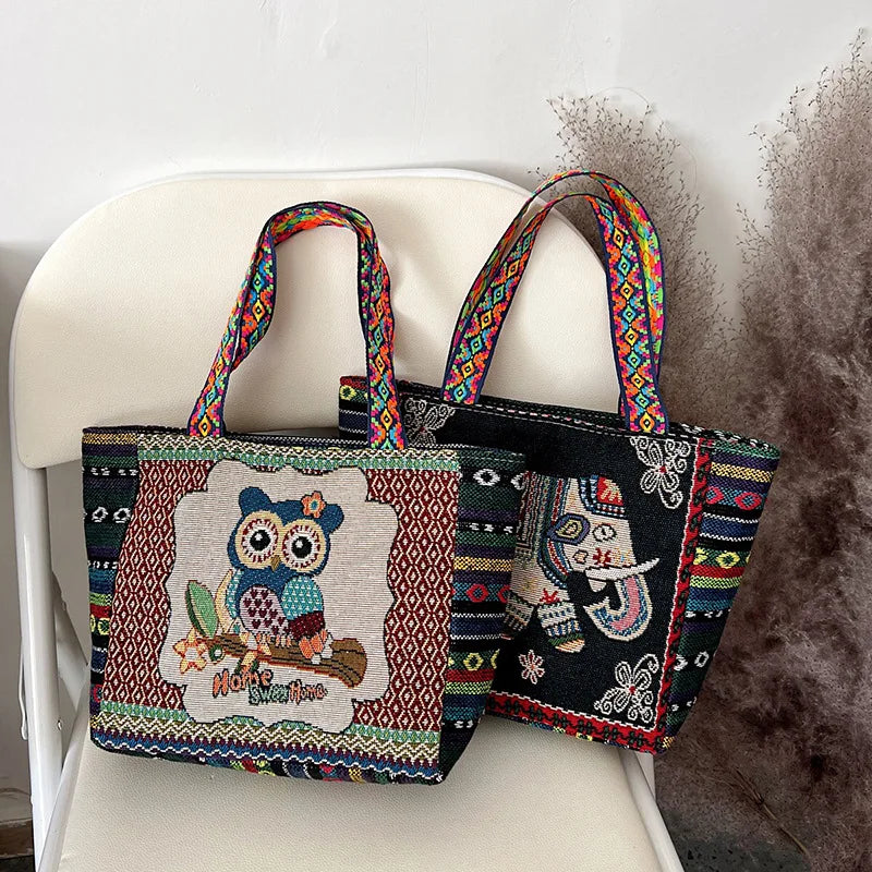 Women Large Capacity Ethnic Style Canvas Tote Shoulder Bag