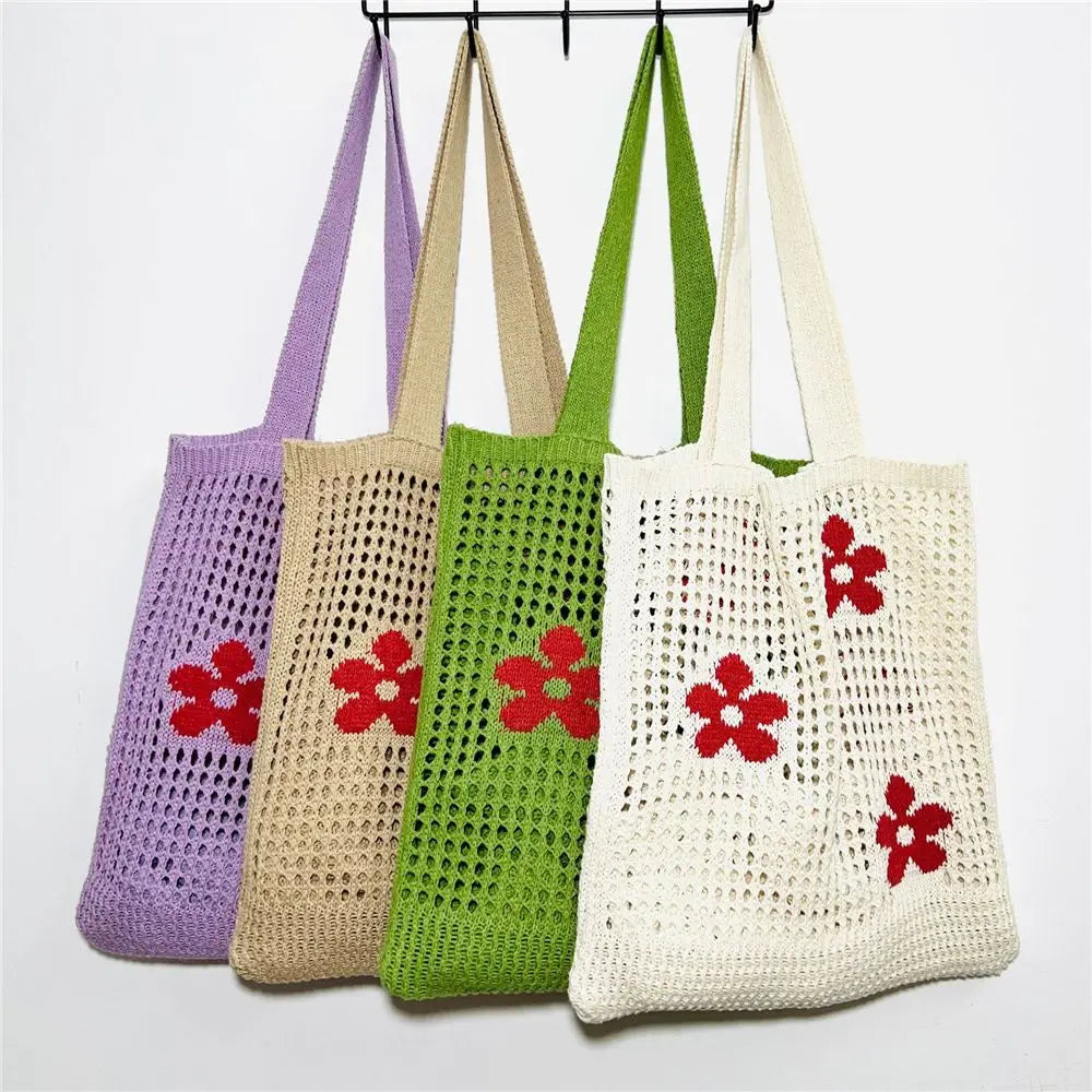 Women Large Capacity Shoulder Bags Knitting Flower Handbags Crochet Hobo Bag