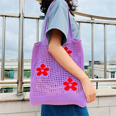 Women Large Capacity Shoulder Bags Knitting Flower Handbags Crochet Hobo Bag