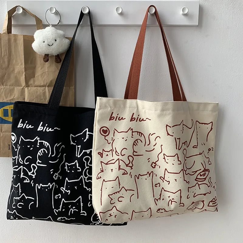 Cartoon Cat Canvas Tote Bag Large Shopper Bag with Zipper