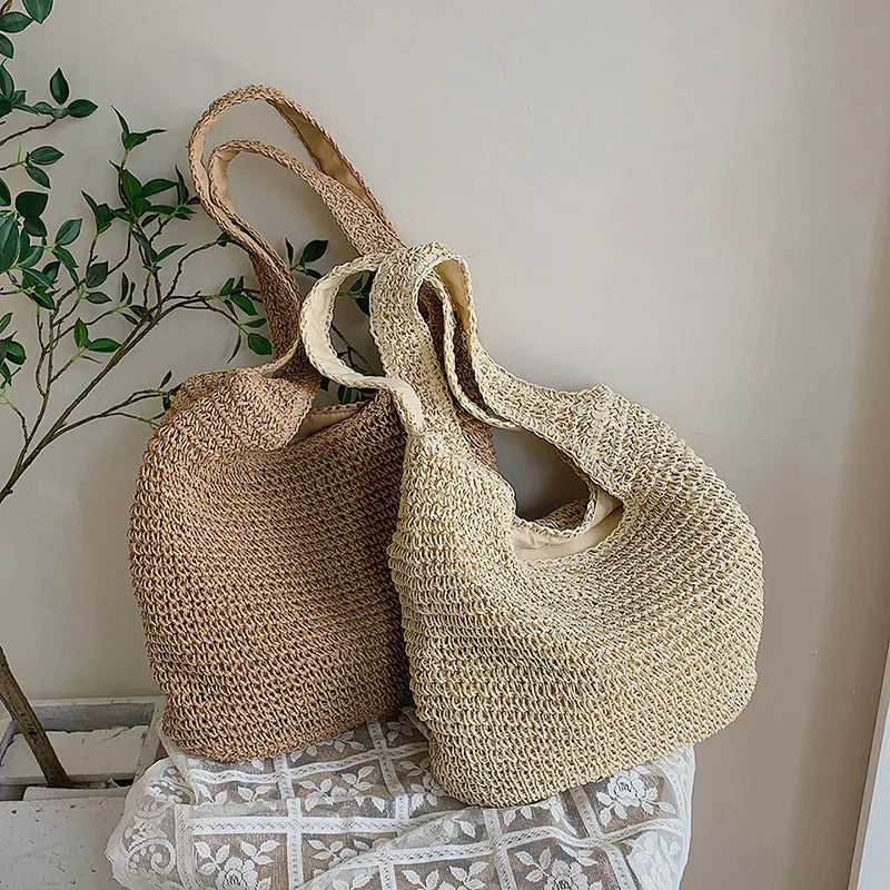 Women Large Capacity Shoulder Bags Straw Woven Travel Shopper Totes