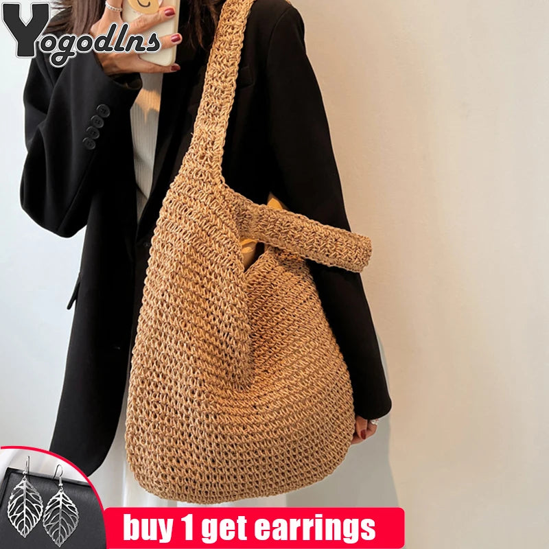 Women Large Capacity Shoulder Bags Straw Woven Travel Shopper Totes