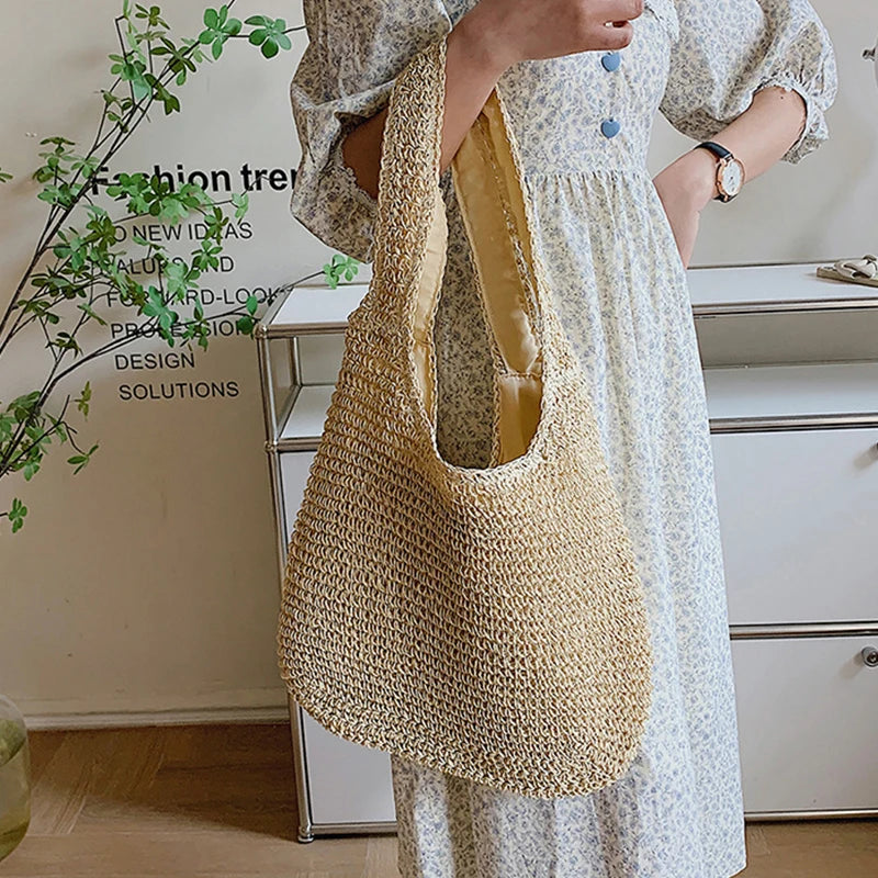 Women Large Capacity Shoulder Bags Straw Woven Travel Shopper Totes