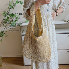 Women Large Capacity Shoulder Bags Straw Woven Travel Shopper Totes