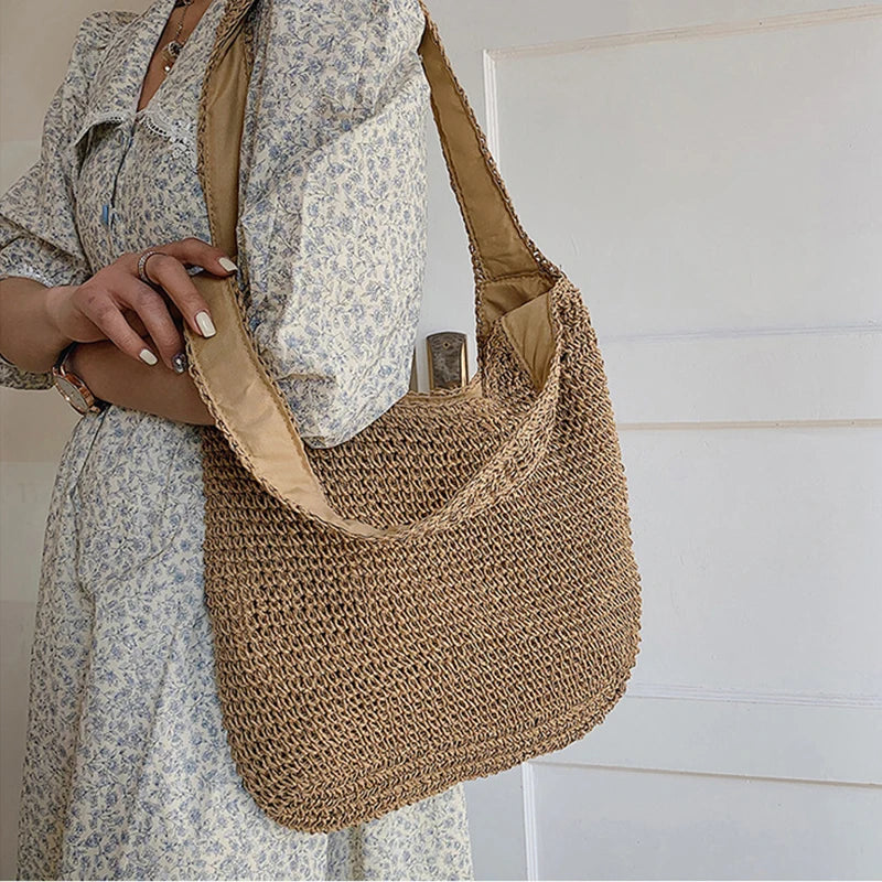Women Large Capacity Shoulder Bags Straw Woven Travel Shopper Totes