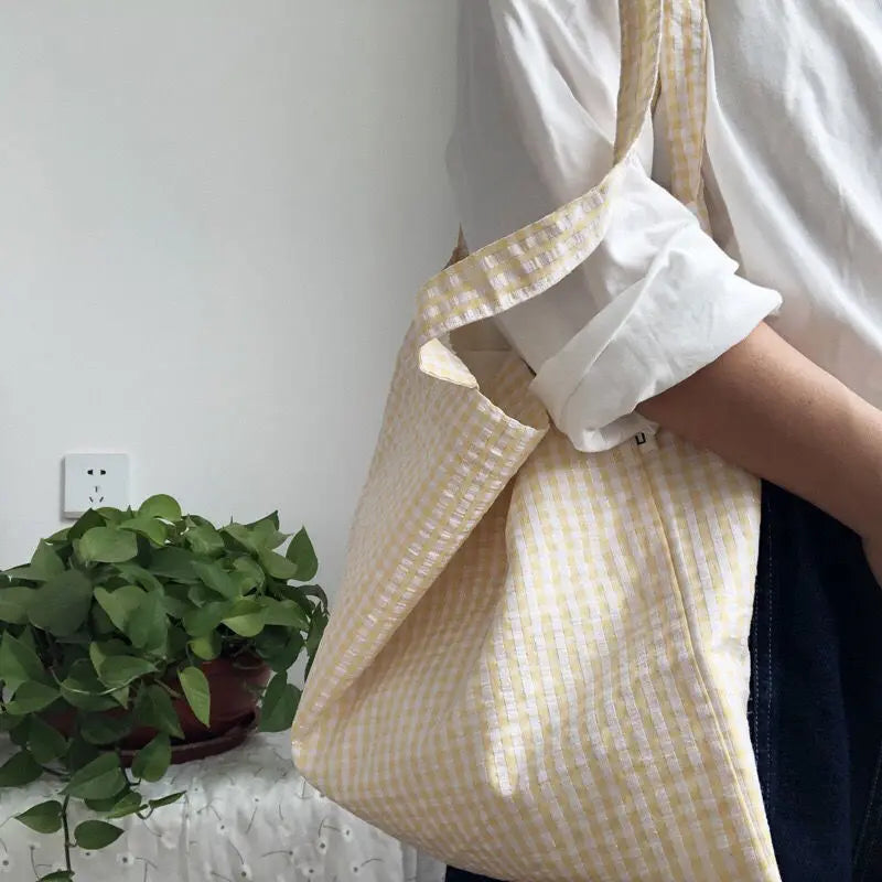Women Large Capacity Shoulder Bags Plaid Cotton Big Totes Travel School Students