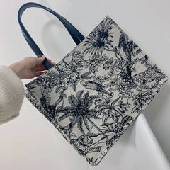 Women Large Capacity Shoulder Bags Striped Embroidery Shopping Tote
