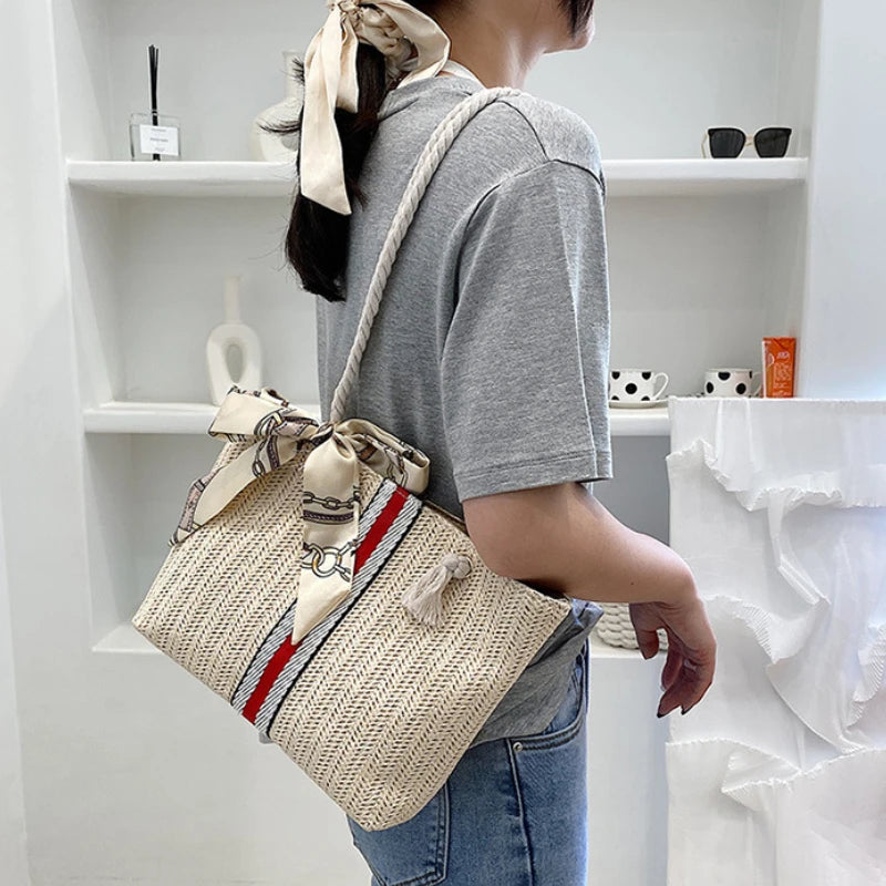 Women Large Capacity Straw Shoulder Tote Bag