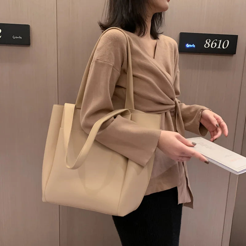 Women Large Capacity Top-handle Bags Solid PU Leather Shoulder Shopper Bags