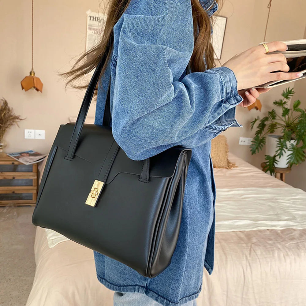 Large Capacity Vintage Shoulder Bag Solid PU Leather Ladies Tote