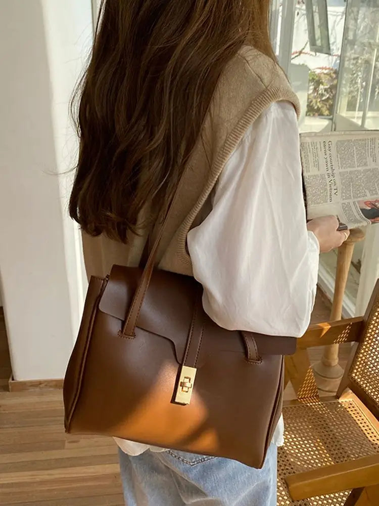 Large Capacity Vintage Shoulder Bag Solid PU Leather Ladies Tote