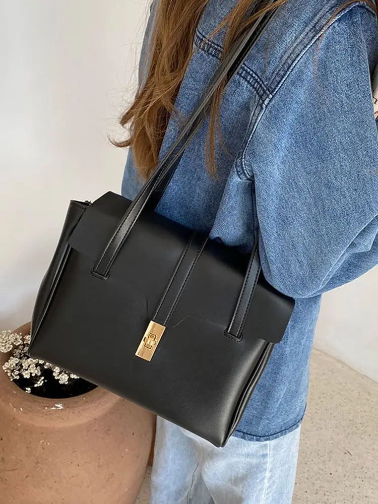 Large Capacity Vintage Shoulder Bag Solid PU Leather Ladies Tote