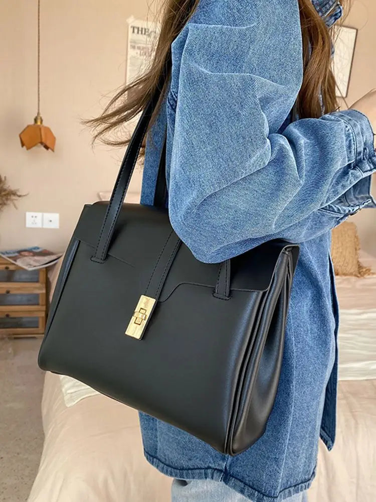 Large Capacity Vintage Shoulder Bag Solid PU Leather Ladies Tote