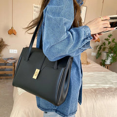 Large Capacity Vintage Shoulder Bag Solid PU Leather Ladies Tote