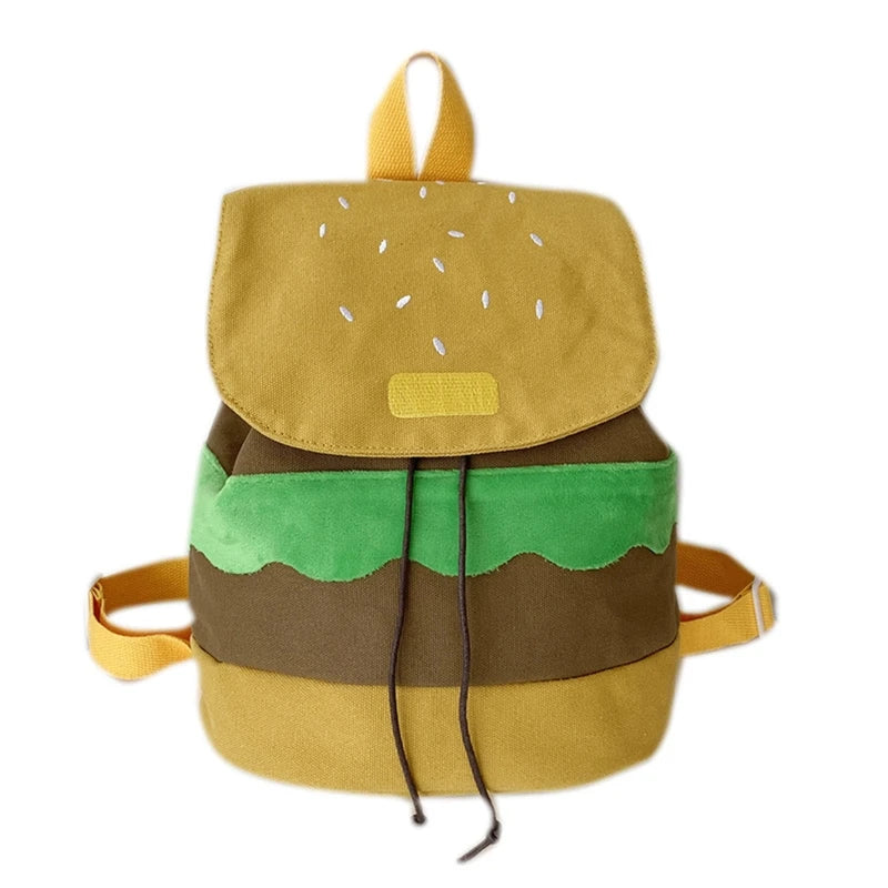 Creative Hamburger Backpack Canvas Plush Drawstring Schoolbag