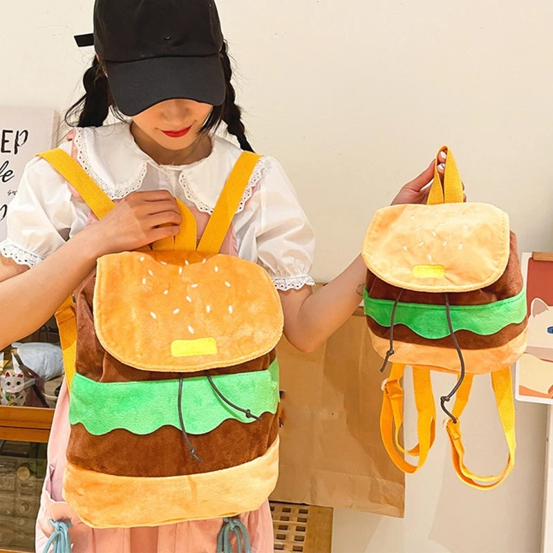 Hamburger Backpack Canvas/ Plush Drawstring Schoolbag