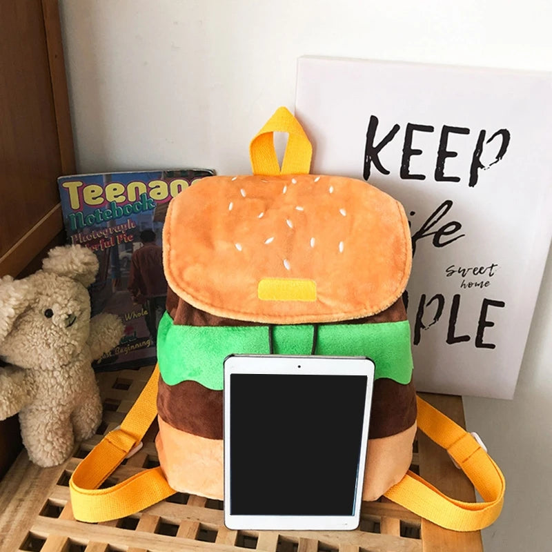 Hamburger Backpack Canvas/ Plush Drawstring Schoolbag