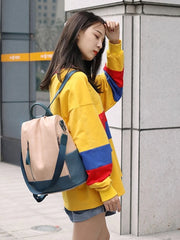 Women Leather Backpack Anti-theft Beige Khaki School Bag