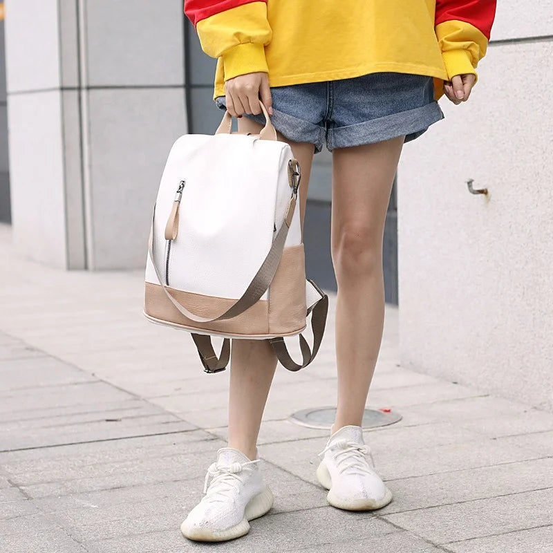 Women Leather Backpack Anti-theft Beige Khaki School Bag