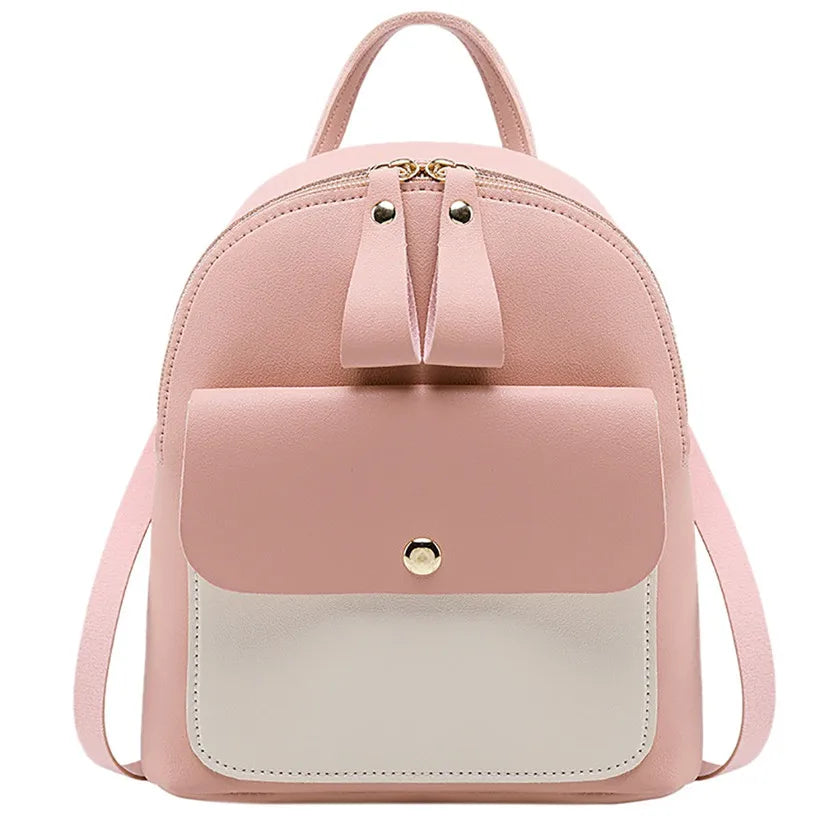 Women Leather Backpack Mini Panelled Bag Bookbag Mochila