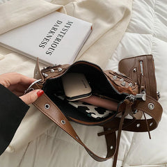 Women Leather Half Moon Shoulder Bags 2 Pcs/set Rivets Armpit Crossbody Bags