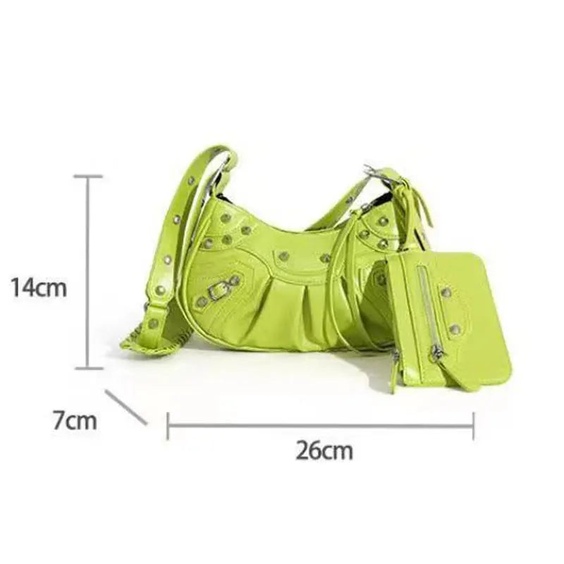 Women Leather Half Moon Shoulder Bags 2 Pcs/set Rivets Armpit Crossbody Bags