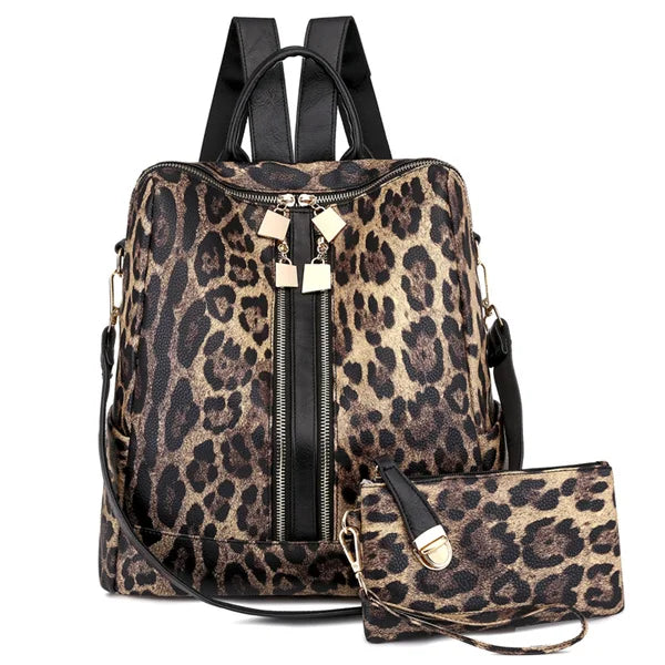 Women Leather Rucksack Handbag Set Large Capacity Shoulder Bag Adjustable Strap