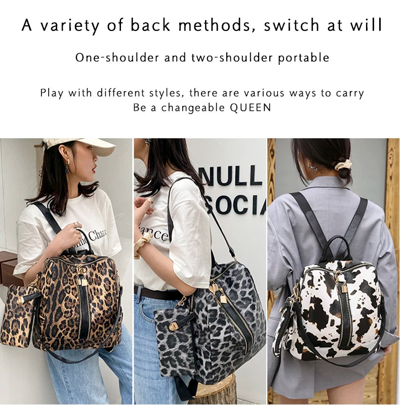 Women Leather Rucksack Handbag Set Large Capacity Shoulder Bag Adjustable Strap