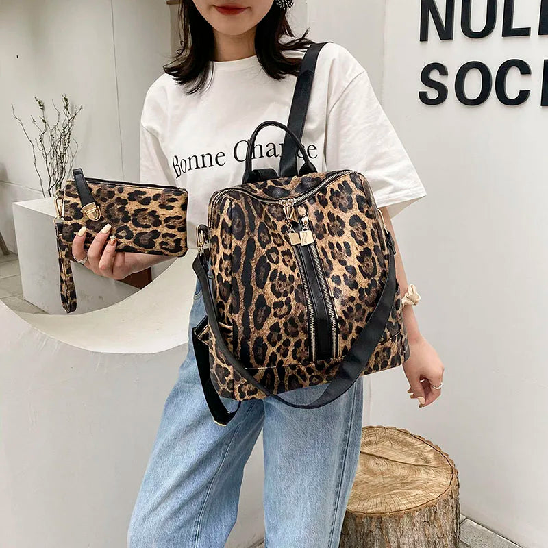 Women Leather Rucksack Handbag Set Large Capacity Shoulder Bag Adjustable Strap