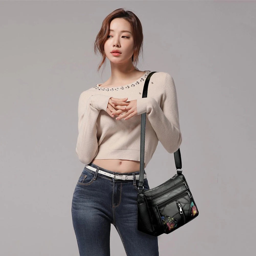 Leather Shoulder Bag Multi-pocket Crossbody Handbag Zipper Shopping Bag