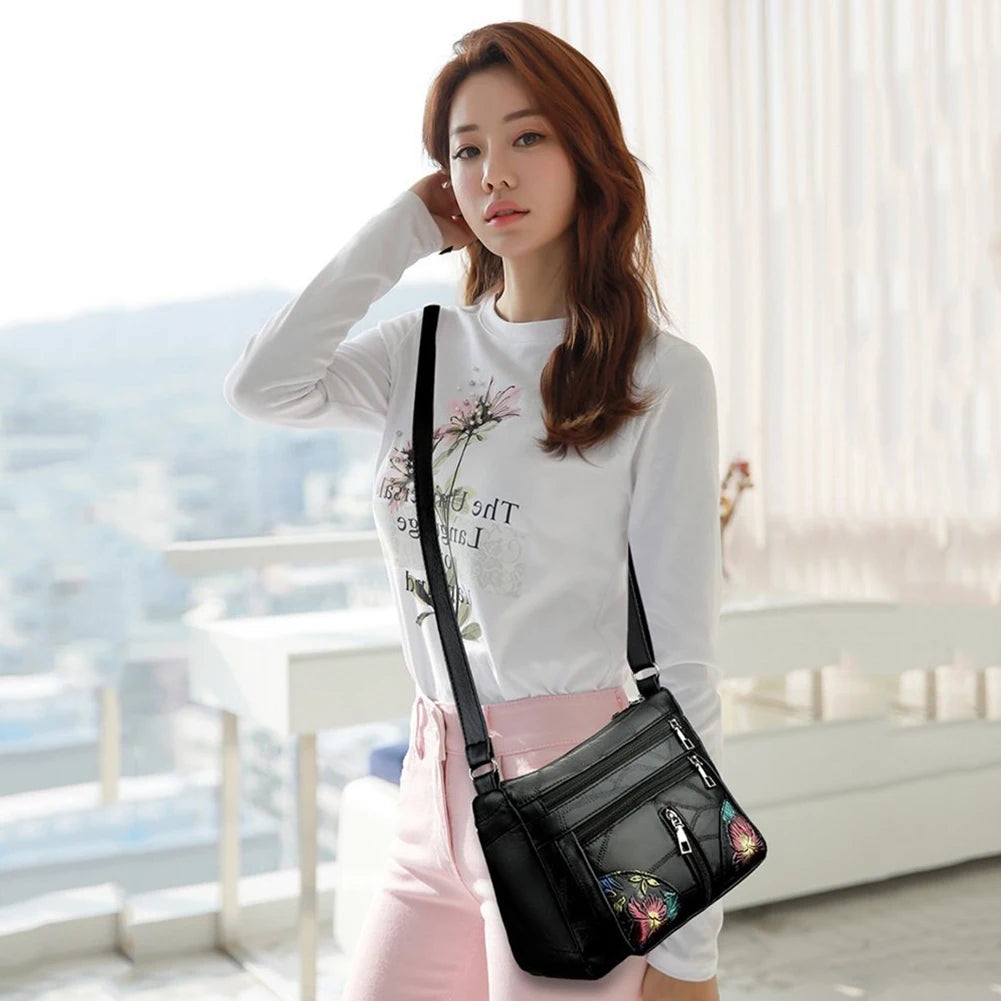 Leather Shoulder Bag Multi-pocket Crossbody Handbag Zipper Shopping Bag