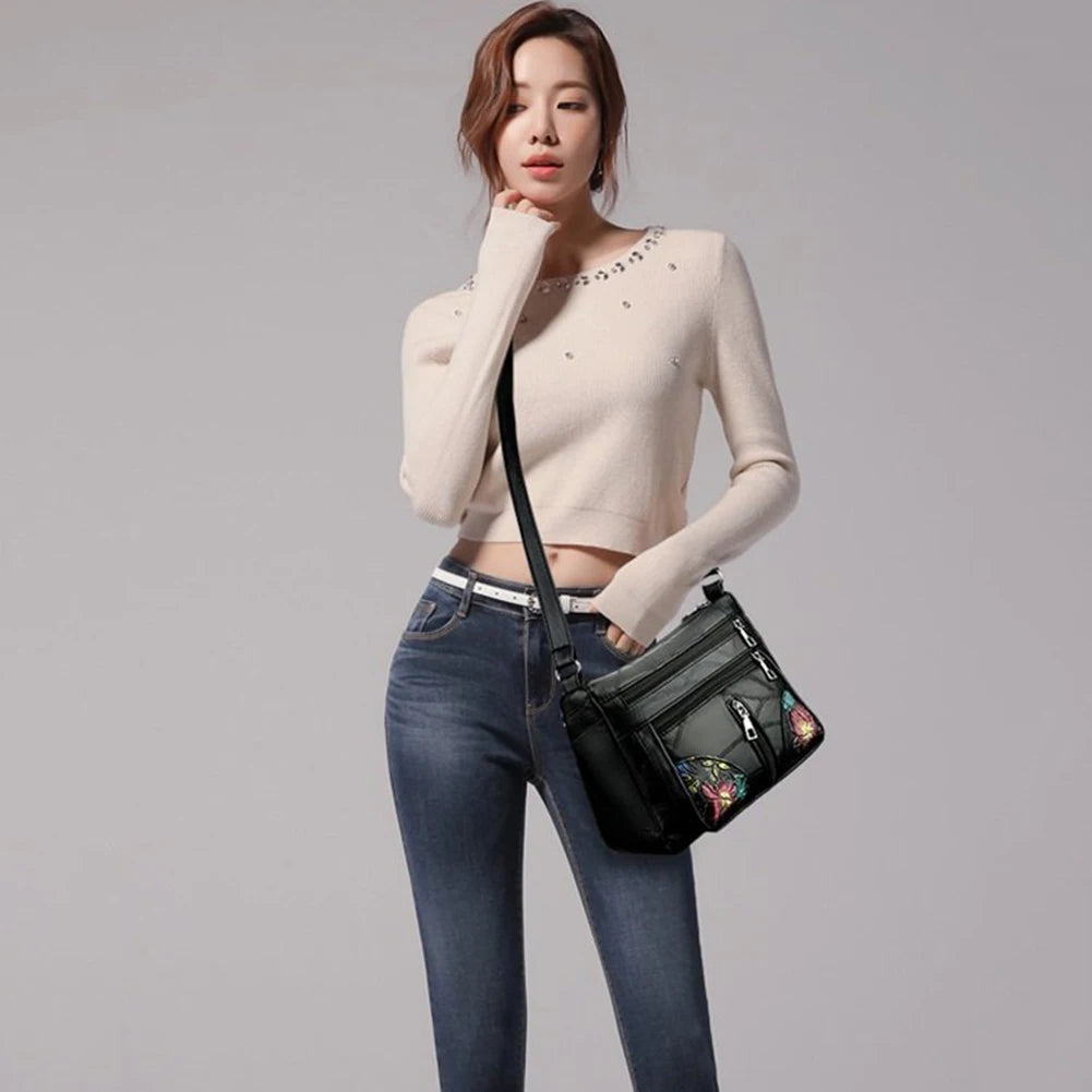 Leather Shoulder Bag Multi-pocket Crossbody Handbag Zipper Shopping Bag