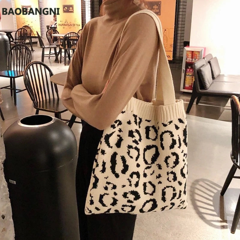Leopard Knitting Tote Shoulder Bag Weave Handbag Large Capacity Soft Shopping Ba