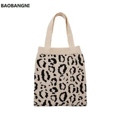 Leopard Knitting Tote Shoulder Bag Weave Handbag Large Capacity Soft Shopping Ba