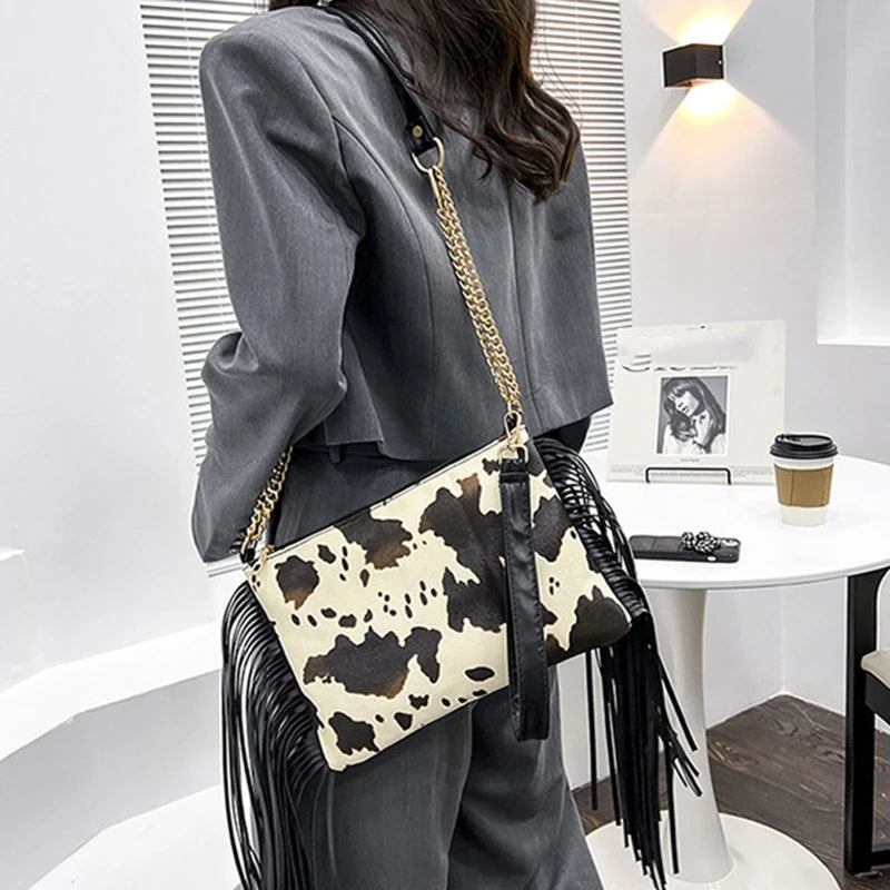 Leopard Print Shoulder Bag with Tassel Crossbody Purse