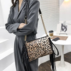Leopard Print Shoulder Bag with Tassel Crossbody Purse