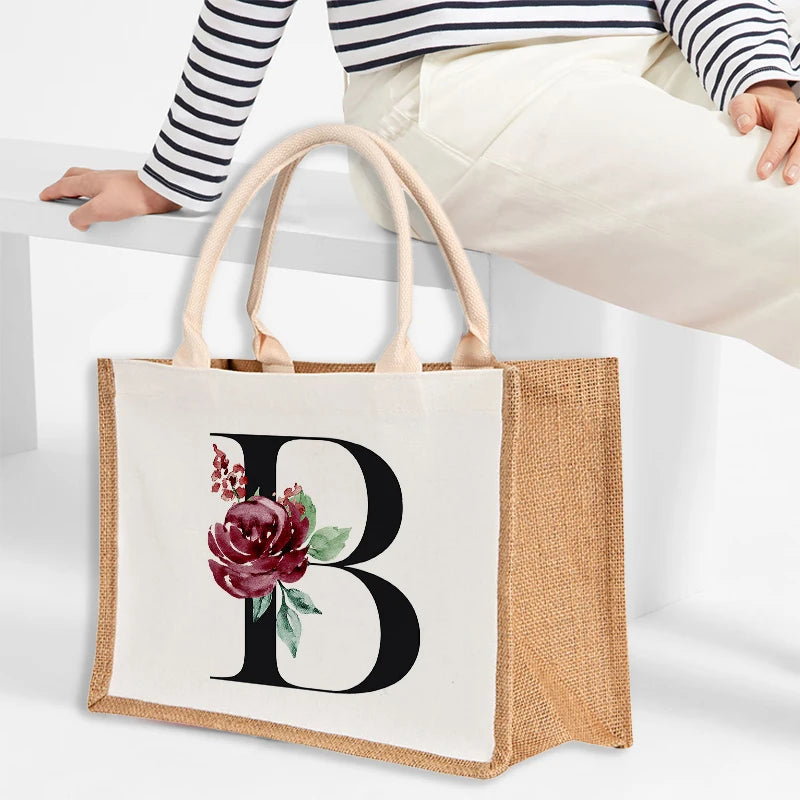 Letter Print Women Linen Tote Large Capacity Handbag Shoulder Bag