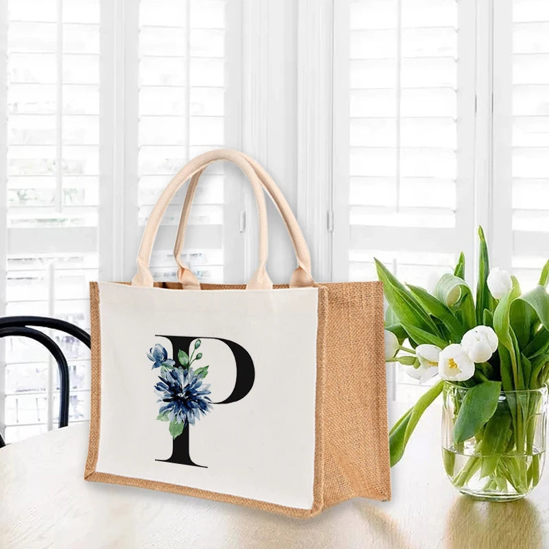 Letter Print Women Linen Tote Large Capacity Handbag Shoulder Bag