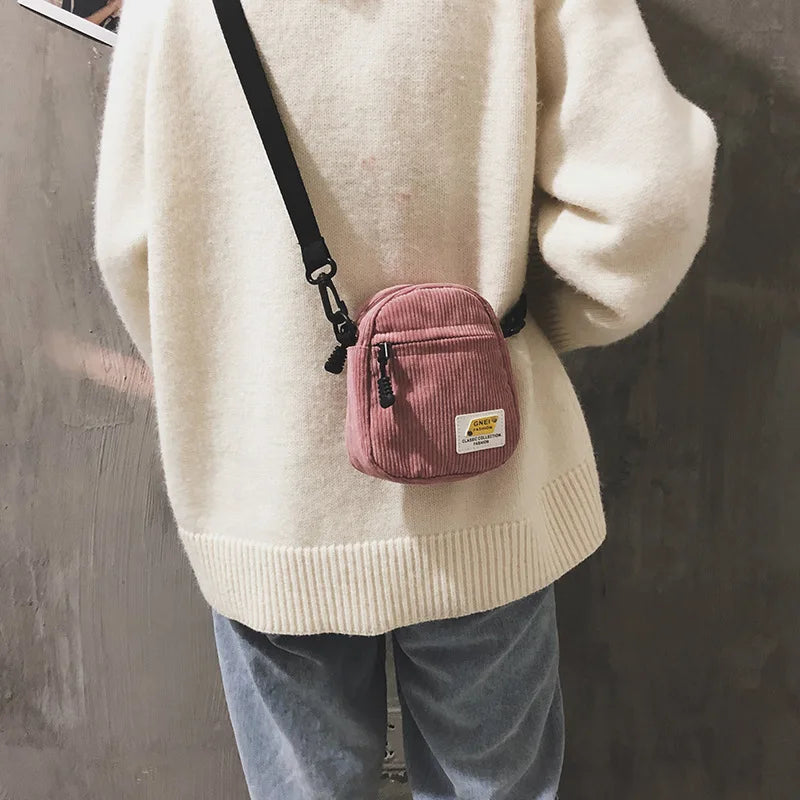 Women Corduroy Crossbody Bag Small Shoulder Purse Pink Zipper Key Phone