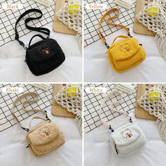 Women Plush Shoulder Bag Small Canvas Cross Body Bags Embroidery Zipper Purse