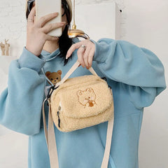 Women Plush Shoulder Bag Small Canvas Cross Body Bags Embroidery Zipper Purse