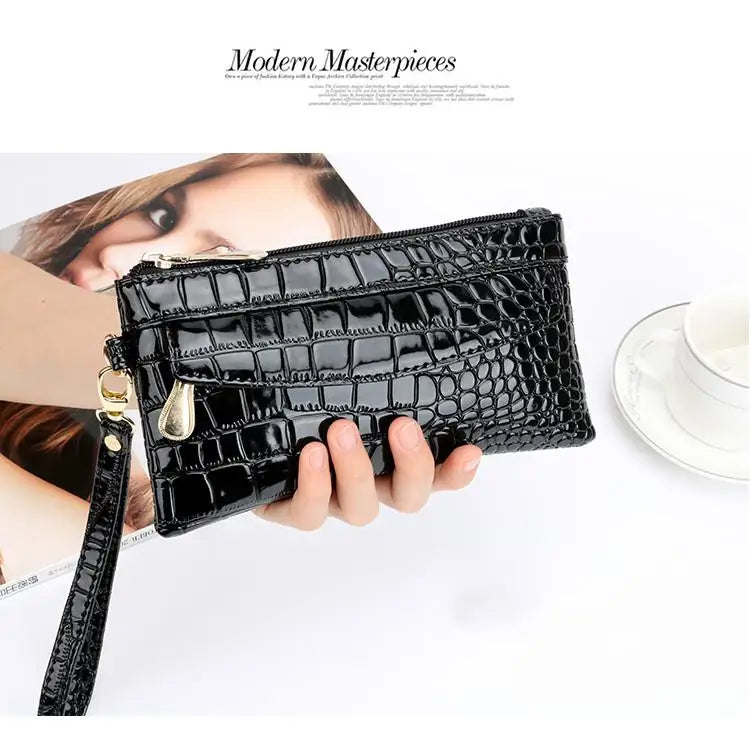 Women Long Leather Double Zipper Wallet Clutch Bag Red Purse Crocodile Purses