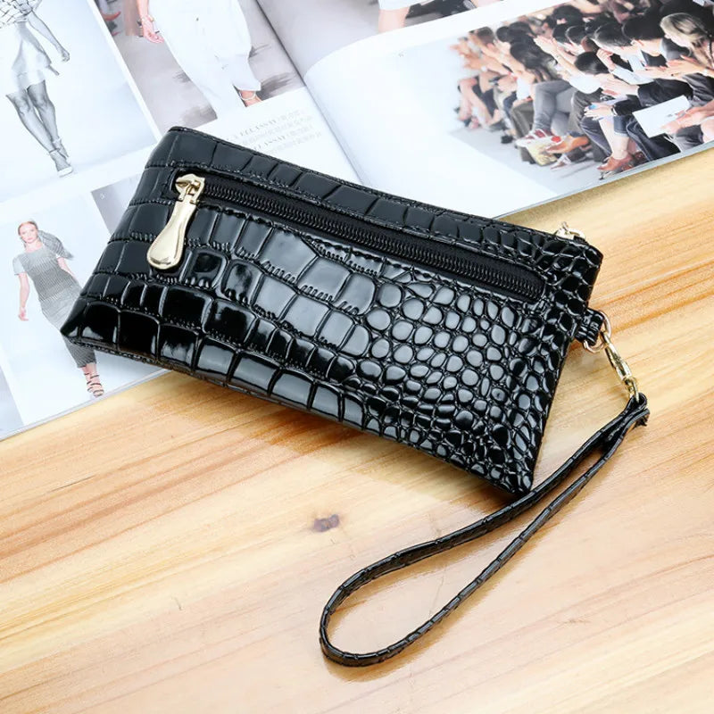 Women Long Leather Double Zipper Wallet Clutch Bag Red Purse Crocodile Purses