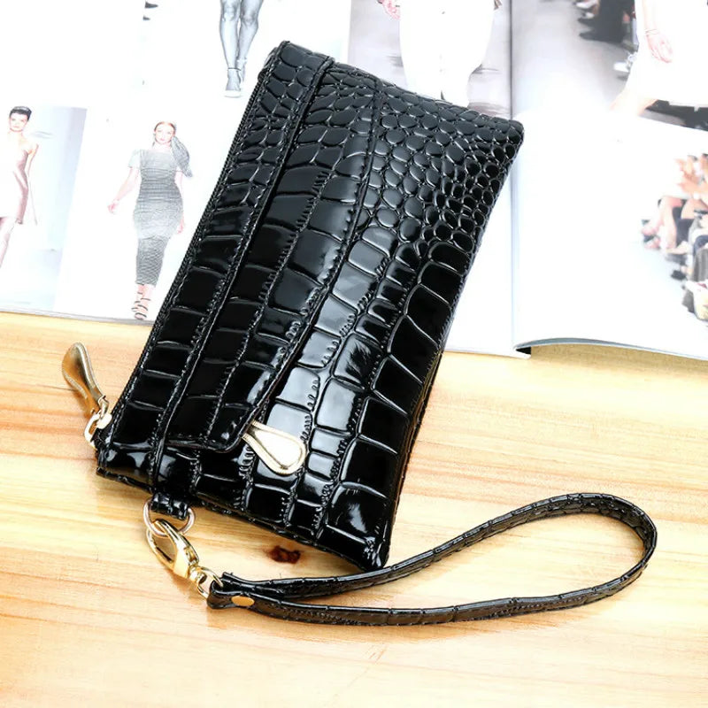 Women Long Leather Double Zipper Wallet Clutch Bag Red Purse Crocodile Purses