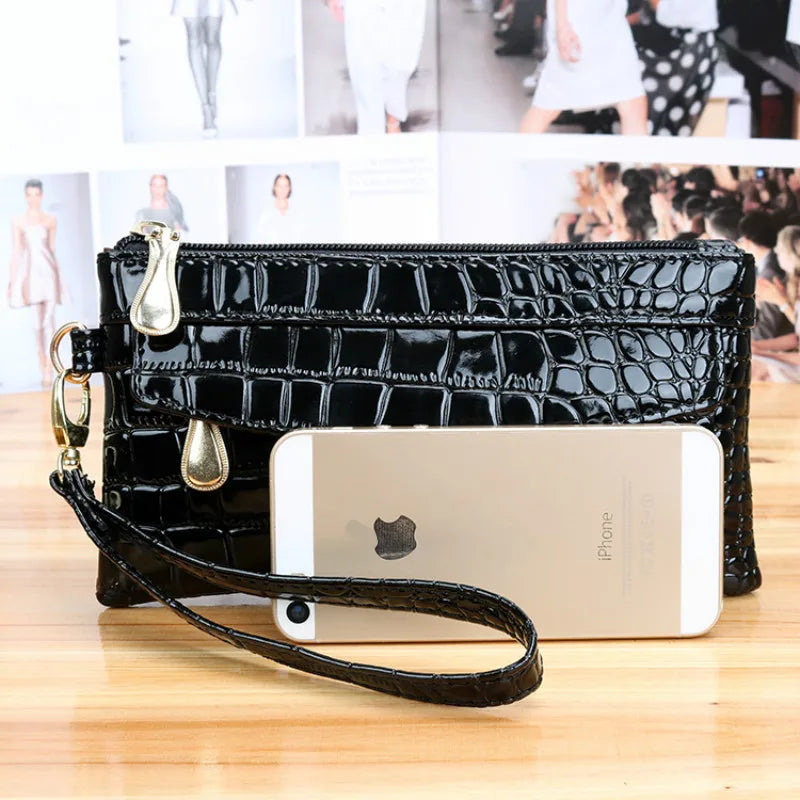 Women Long Leather Double Zipper Wallet Clutch Bag Red Purse Crocodile Purses